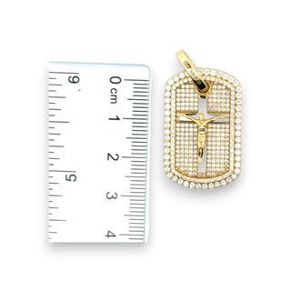 Crucifix Dog Tag with Pavé Border Moissanite Pendant.