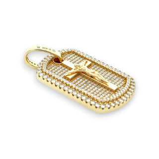 Crucifix Dog Tag with Pavé Border Moissanite Pendant.
