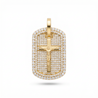 Crucifix Dog Tag with Pavé Border Moissanite Pendant.