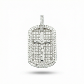 Crucifix Dog Tag with Pavé Border Moissanite Pendant.