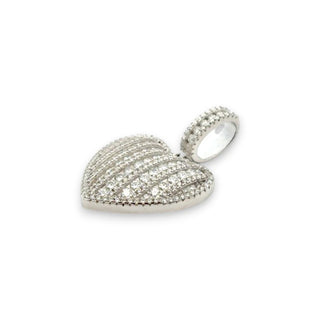 A silver heart-shaped pendant adorned with rows of small clear stones, featuring a matching stone-set bail, shown on a plain white background.
