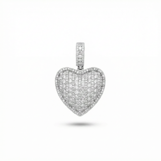 A heart-shaped pavé pendant in silver-toned metal, featuring a delicate border and a textured pavé setting, shown on a clean white background with a soft drop shadow.