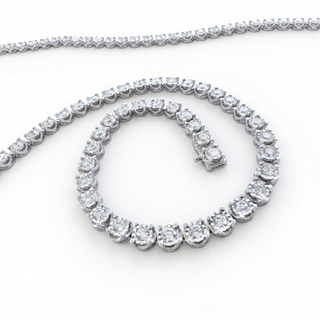 A silver tennis necklace with round-cut clear stones, arranged in a spiral on a white background.