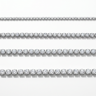 Four horizontal close-up views of a silver-toned tennis chain necklace, with three showing round-cut stones and one showing a closer view of the chain links, on a white background.