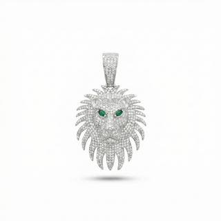 Lion Head with Green Stone Eyes Moissanite Pendant.