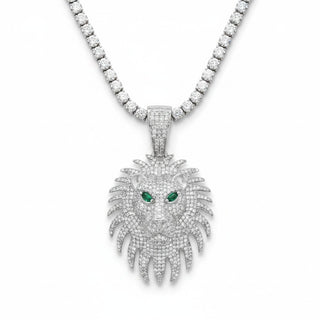 Lion Head with Green Stone Eyes Moissanite Pendant.