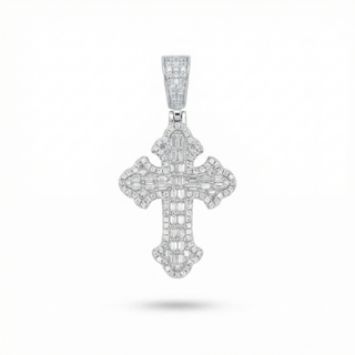 Medium Gothic Budded Cross with Baguette Center Moissanite Pendant