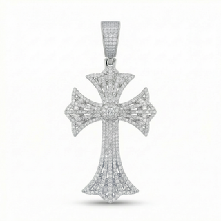 Openwork Gothic Cross with Baguette Starburst Moissanite Pendant