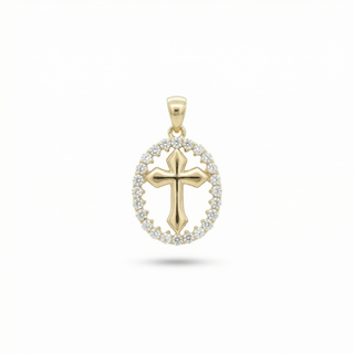 Polished Cross with Pavé Oval Halo Moissanite Pendant