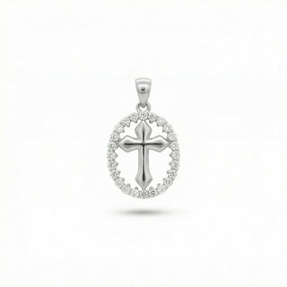 Polished Cross with Pavé Oval Halo Moissanite Pendant