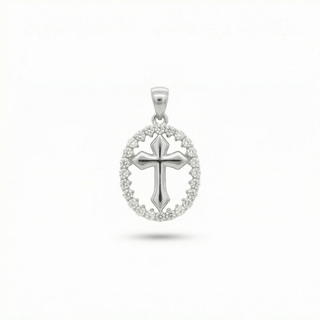 Polished Cross with Pavé Oval Halo Moissanite Pendant