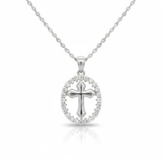 Polished Cross with Pavé Oval Halo Moissanite Pendant