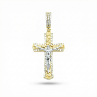 Two-Tone Nugget Crucifix with Pavé Border Moissanite Pendant