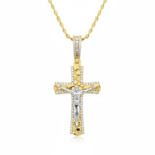 Two-Tone Nugget Crucifix with Pavé Border Moissanite Pendant