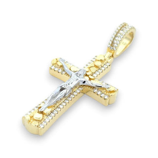Two-Tone Nugget Crucifix with Pavé Border Moissanite Pendant