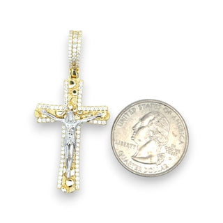 Two-Tone Nugget Crucifix with Pavé Border Moissanite Pendant