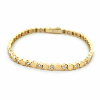 Alternating hexagon bezel link moissanite bracelet in yellow gold vermeil over sterling silver