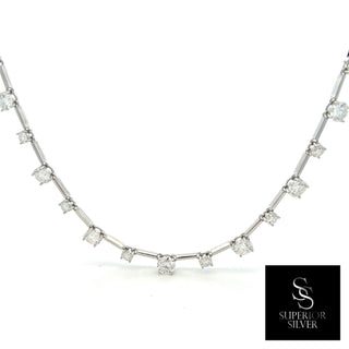 Alternating round stone line moissanite necklace in sterling silver, view 3