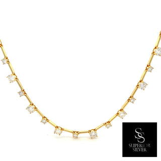 Alternating round stone line moissanite necklace in yellow gold vermeil over sterling silver, view 2