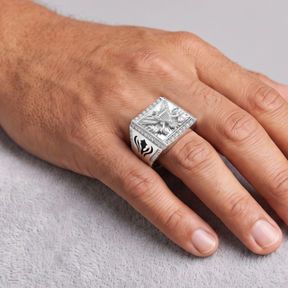 American Eagle Square Signet with Enamel Shoulders Moissanite Ring in sterling silver, worn on hand