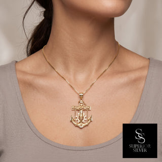 Anchor 10K Yellow Gold Pendant worn on a model