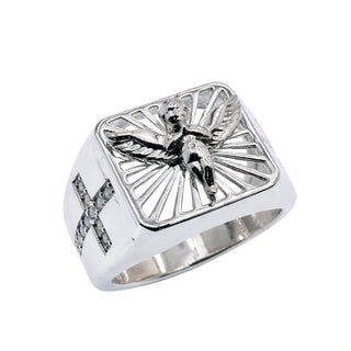 Angel on Sunburst Square Signet with Cross Sides Moissanite Ring in sterling silver