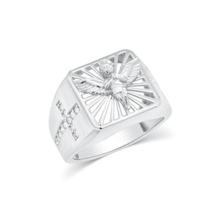 Angel on Sunburst Square Signet with Cross Sides Moissanite Ring in sterling silver, view 2