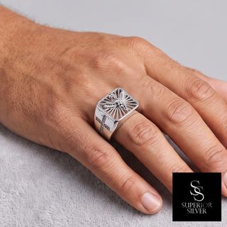 Angel on Sunburst Square Signet with Cross Sides Moissanite Ring in sterling silver, worn on hand