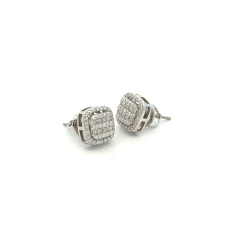 Baguette center cushion halo moissanite stud earrings in sterling silver
