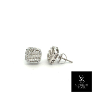 Baguette center cushion halo moissanite stud earrings in sterling silver, view 2