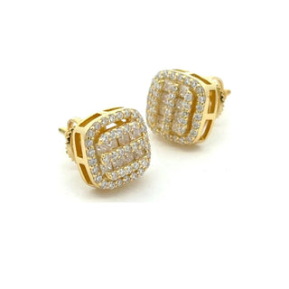 Baguette center cushion halo moissanite stud earrings in yellow gold vermeil over sterling silver