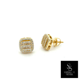 Baguette center cushion halo moissanite stud earrings in yellow gold vermeil over sterling silver, view 2