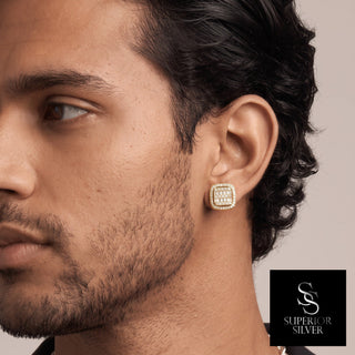 Baguette center cushion halo moissanite stud earrings in yellow gold vermeil over sterling silver, worn on model