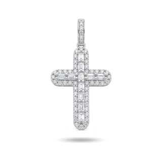 Baguette Center Pavé Border Cross Moissanite Pendant in sterling silver