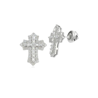 Baguette Center Pavé Cross Moissanite Stud Earrings in sterling silver, 1.58 ct