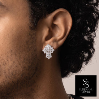 Baguette Center Pavé Cross Moissanite Stud Earrings in sterling silver, worn on model