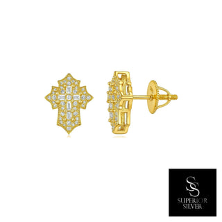 Baguette Center Pavé Cross Moissanite Stud Earrings in yellow gold over sterling silver, 0.36 ct