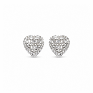 Baguette Center Pavé Halo Heart Moissanite Stud Earrings in sterling silver