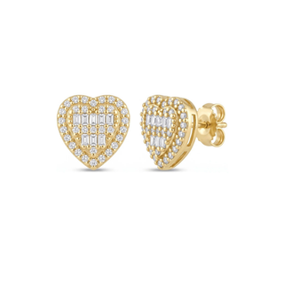 Baguette Center Pavé Halo Heart Moissanite Stud Earrings in yellow gold over sterling silver