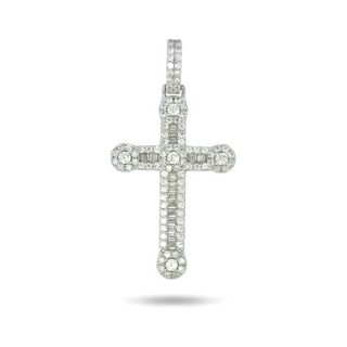 Baguette Channel Cross with Halo Tips Moissanite Pendant in sterling silver