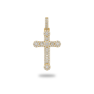 Baguette Channel Cross with Halo Tips Moissanite Pendant in gold vermeil