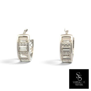 Baguette channel moissanite huggie hoop earrings in sterling silver, view 2