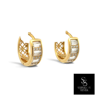 Baguette channel moissanite huggie hoop earrings in yellow gold vermeil over sterling silver, view 2