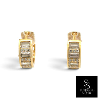 Baguette channel moissanite huggie hoop earrings in yellow gold vermeil over sterling silver, view 3