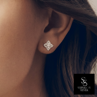 Superior Silver baguette flower moissanite push back stud earrings