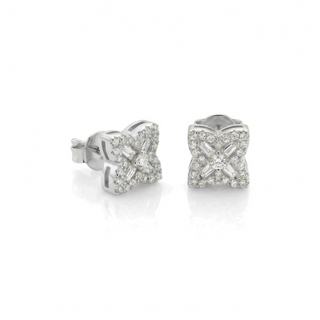 Superior Silver baguette flower moissanite stud earrings, front view