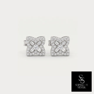 Baguette flower moissanite stud earrings in rhodium-plated sterling silver