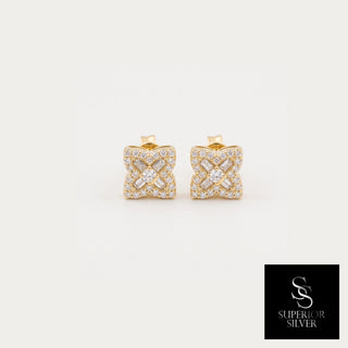 Baguette flower moissanite stud earrings in yellow gold vermeil over 925 sterling silver