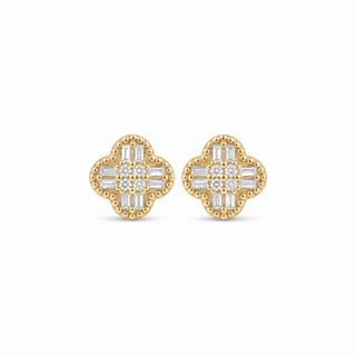 Baguette Quatrefoil Moissanite Stud Earrings in yellow gold over sterling silver