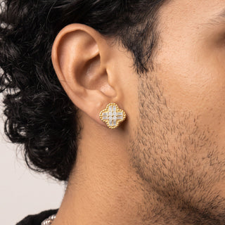 Baguette Quatrefoil Moissanite Stud Earrings in yellow gold vermeil over sterling silver, worn on model